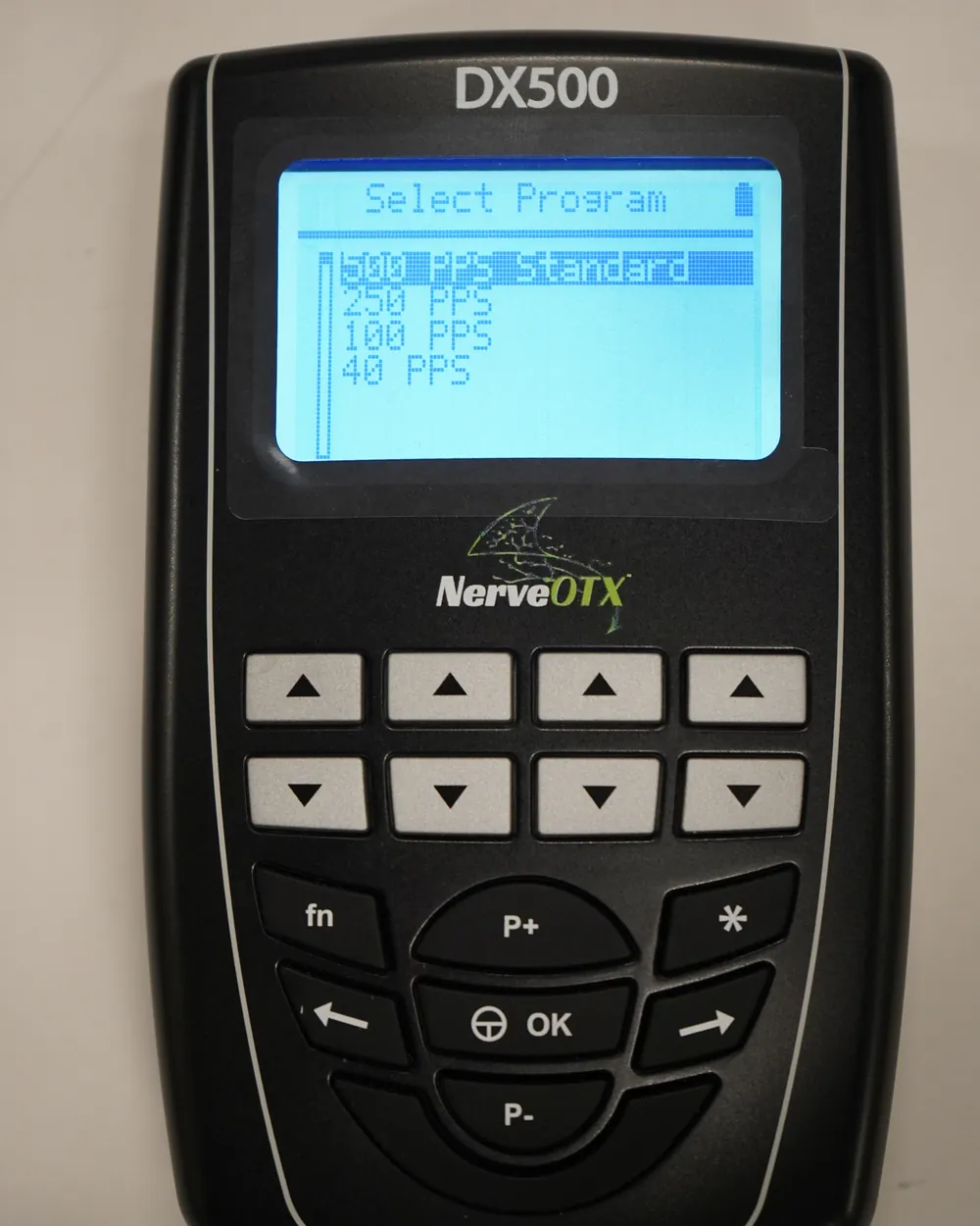 NerveOTX DX500 screen showing program options of 500, 250, 100, and 40 pulses per second