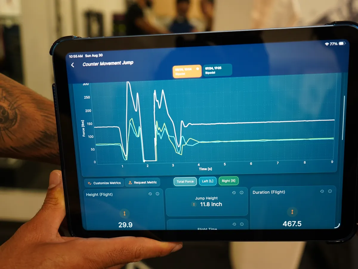 Tablet showing countermovement jump force data and jump height results